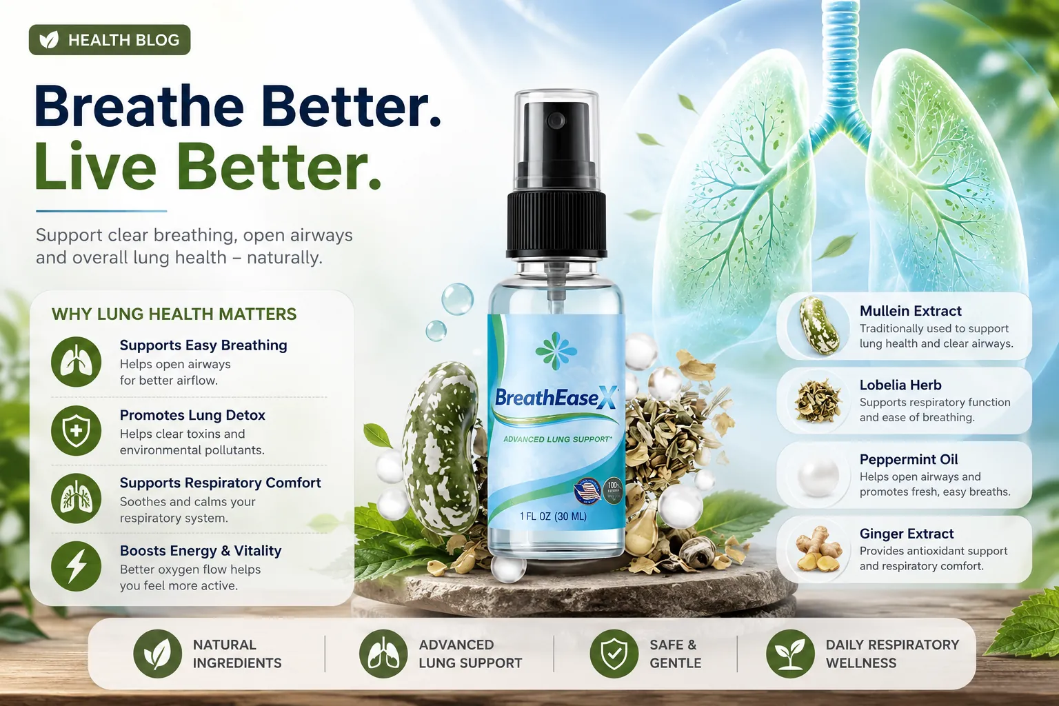 BreatheEasex product overview showing the spray and its botanical ingredients